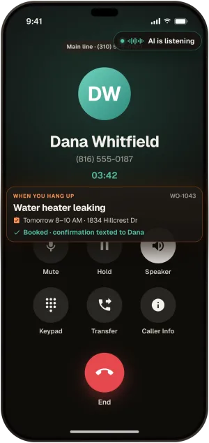 A call you answered with the AI listening: when you hang up, the water-heater job is booked for tomorrow 8 to 10 AM and the confirmation is texted to the customer