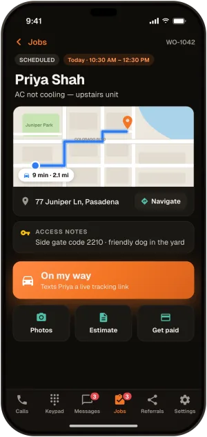 A job: map and Navigate button, access notes with the side gate code and a friendly dog, an On my way button that texts the customer a tracking link, and Photos, Estimate and Get paid buttons