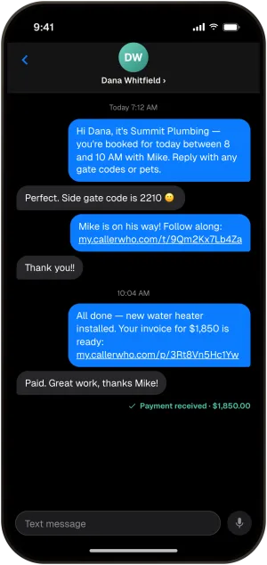 A text thread from the shop's number: booking confirmation, the customer's gate code, an on-the-way tracking link, and the invoice with a pay link, marked payment received